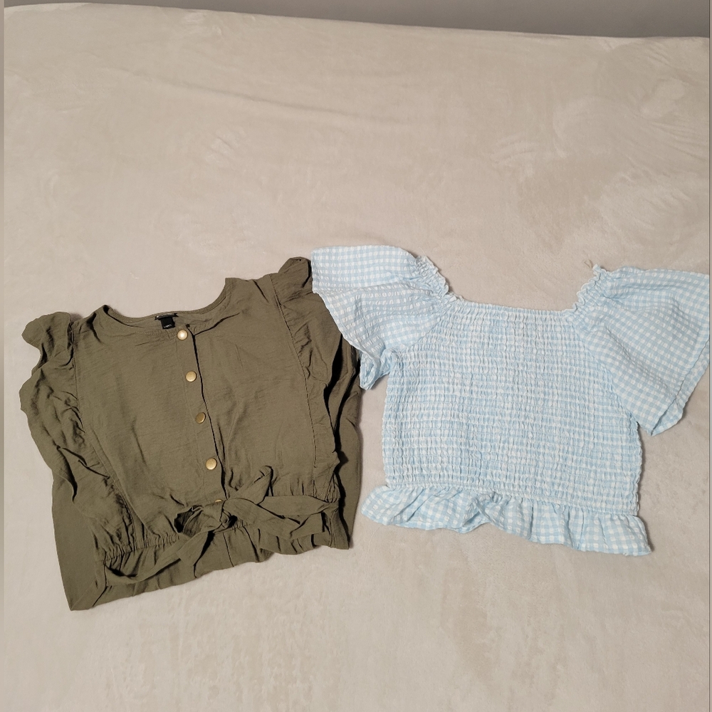 Bundle Of 2.Art Class Olive Ruffle Sleeve Jumpsuit And Sky Blue Gingham Blouse.
